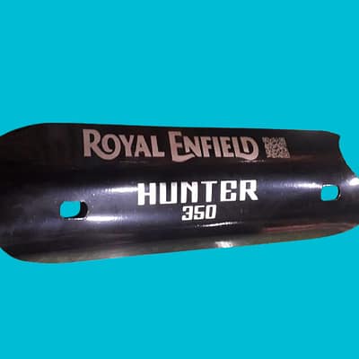 Royal Enfield Hunter 350 premium stainless black silencer guard mounted on bike